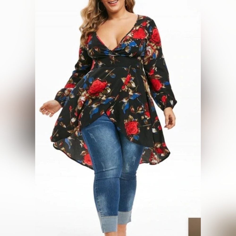 Plus Size Flower Print Asymmetrical Top
